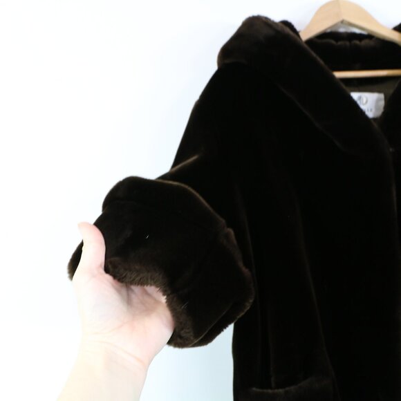 *Vintage Lucien Daville Paris Faux Fur Coat - Harrods Dark Brown with Hood - Picture 4 of 8